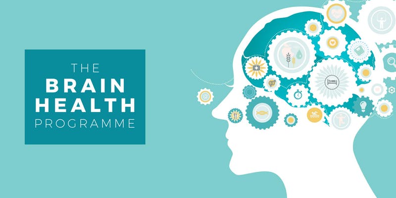 The Brain Health Programme banner with a white head silhouette filled with gears showing health and lifestyle icons