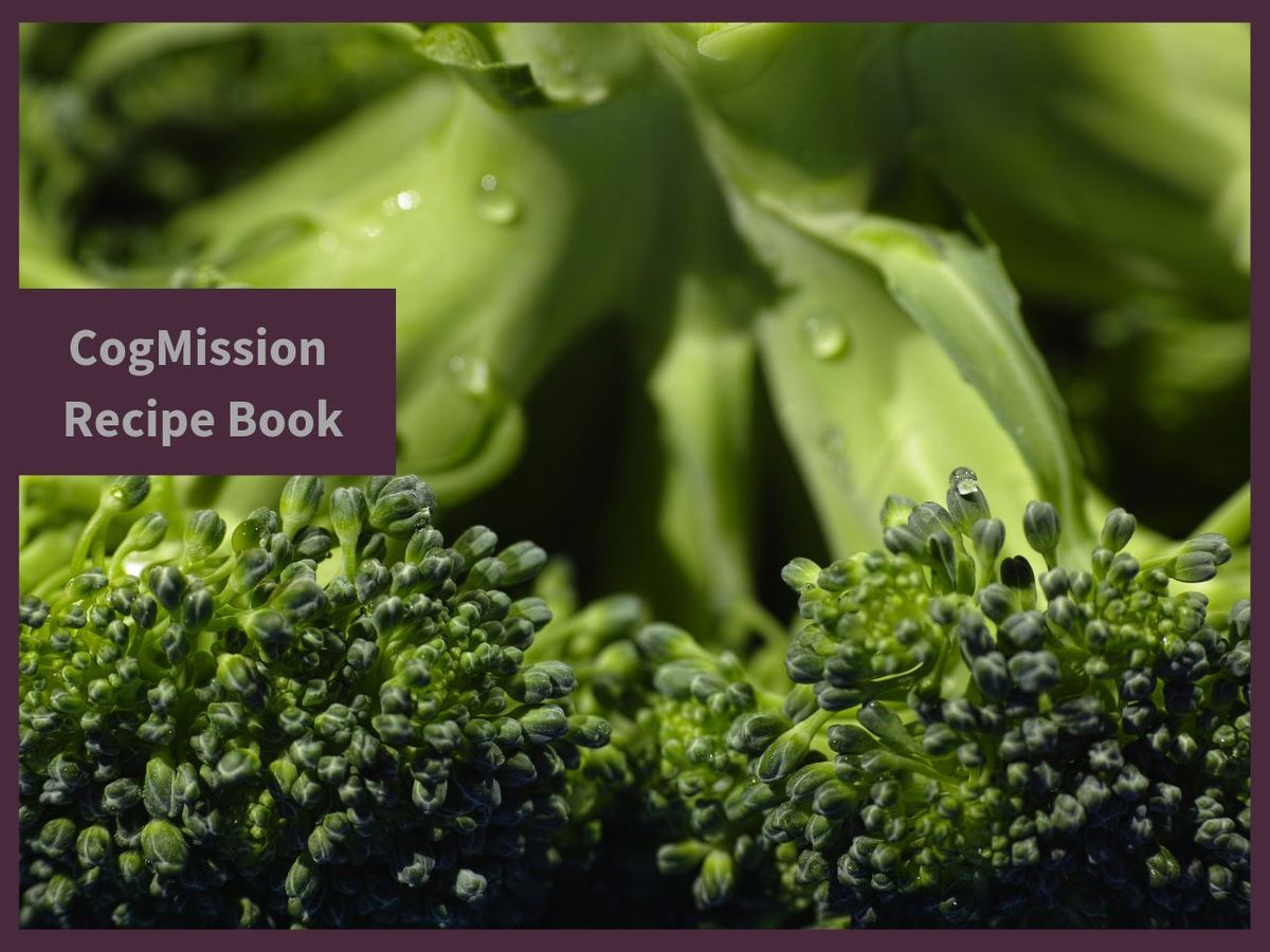 CogMission Recipe Book cover with close-up of fresh broccoli florets and leaves beaded with water droplets