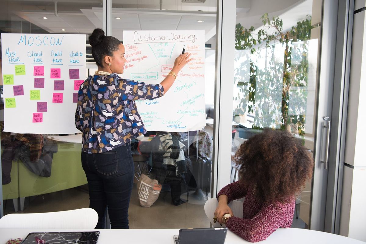 Woman presenting customer journey and MoSCoW prioritisation charts with sticky notes to a seated colleague in a glass-walled office