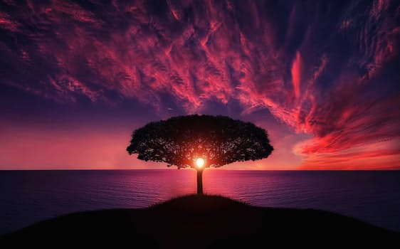 Silhouetted tree on a hilltop against a vivid purple and red sunset sky over calm sea