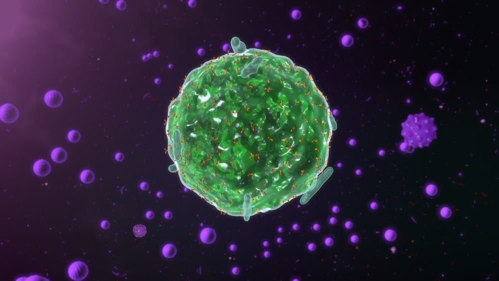 Green 3D-rendered cell covered in small orange antibodies, surrounded by floating purple particles on a dark background