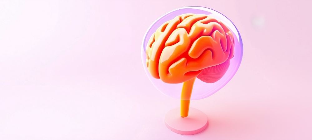 Glossy orange 3D brain on a stand, enclosed in a translucent purple bubble against a pink background