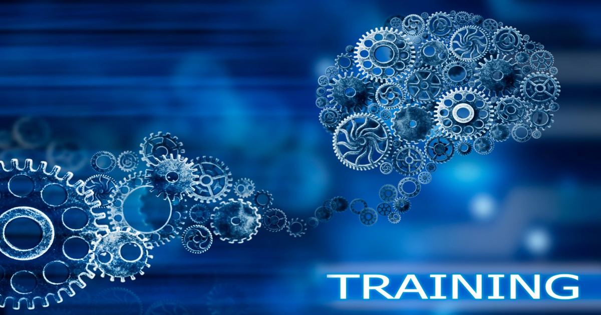 Blue gear-built brain with a trail of cogs and the word "TRAINING" glowing below