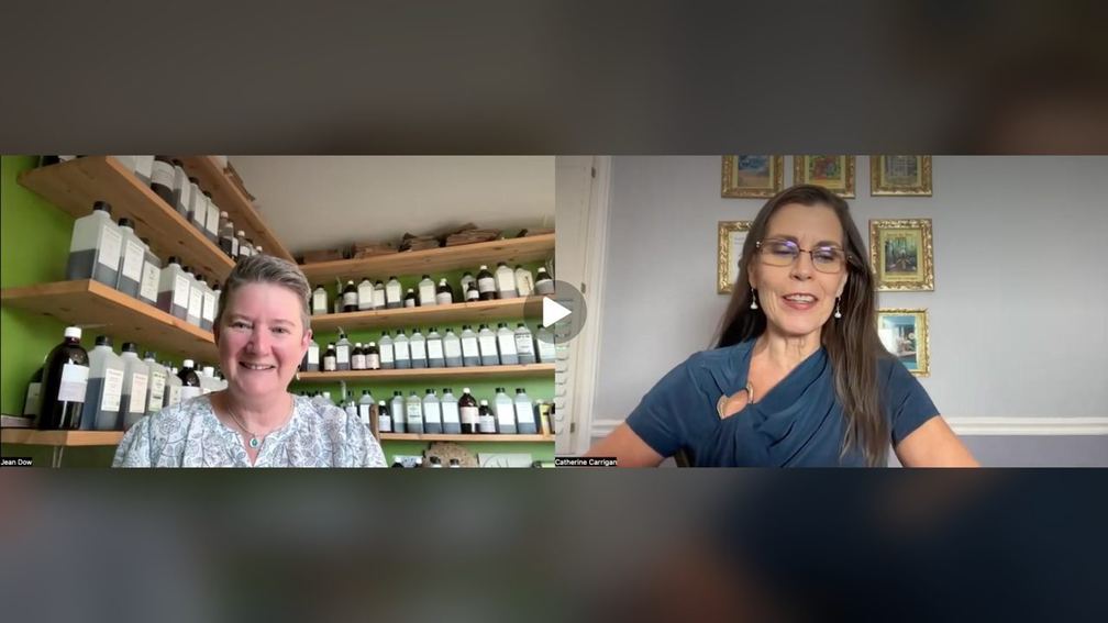 Jean Dow (left) in her herbal dispensary, talking with Catherine Carrigan (right) on a video call